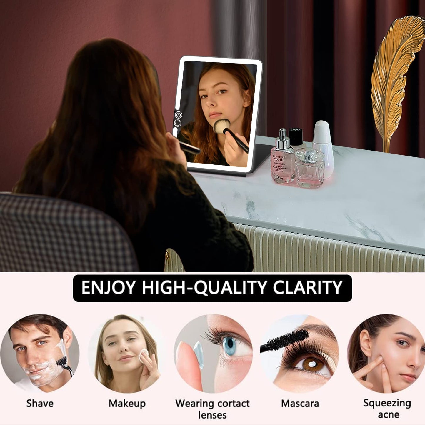 WEILY Portable Travel Mirror Makeup Mirror with 72 LED Lights, Touch Screen Three Colors Dimmable,Ultra Thin, 2000 mAh USB Rechargeable Foldable