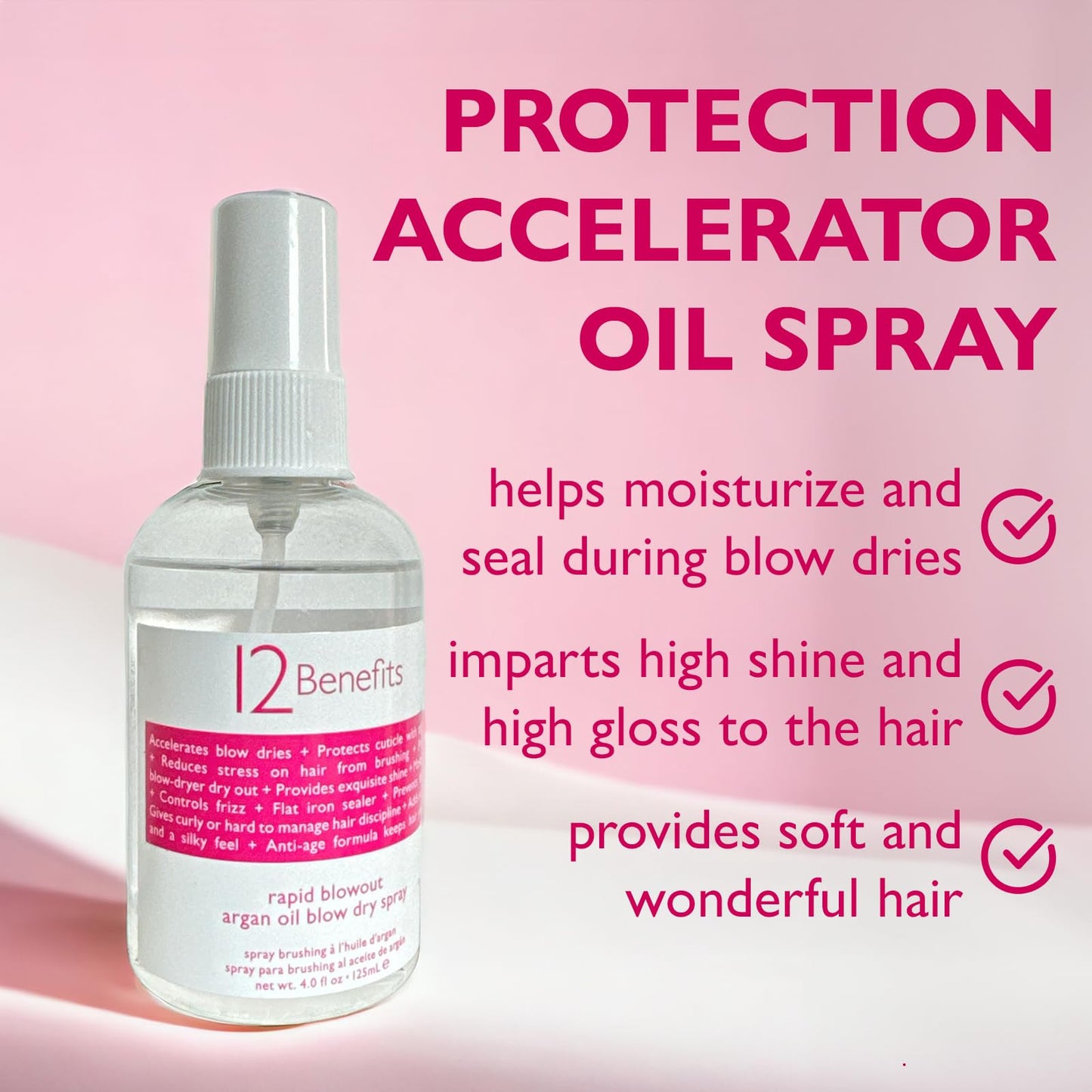 12 Benefits RAPID BLOWOUT ARGAN OIL SPRAY - Cut Blow Dry Time by 40% - Heat Protectant, Nourishes, Smooths Frizz, Adds Shine & Softens Damaged Hair, 4