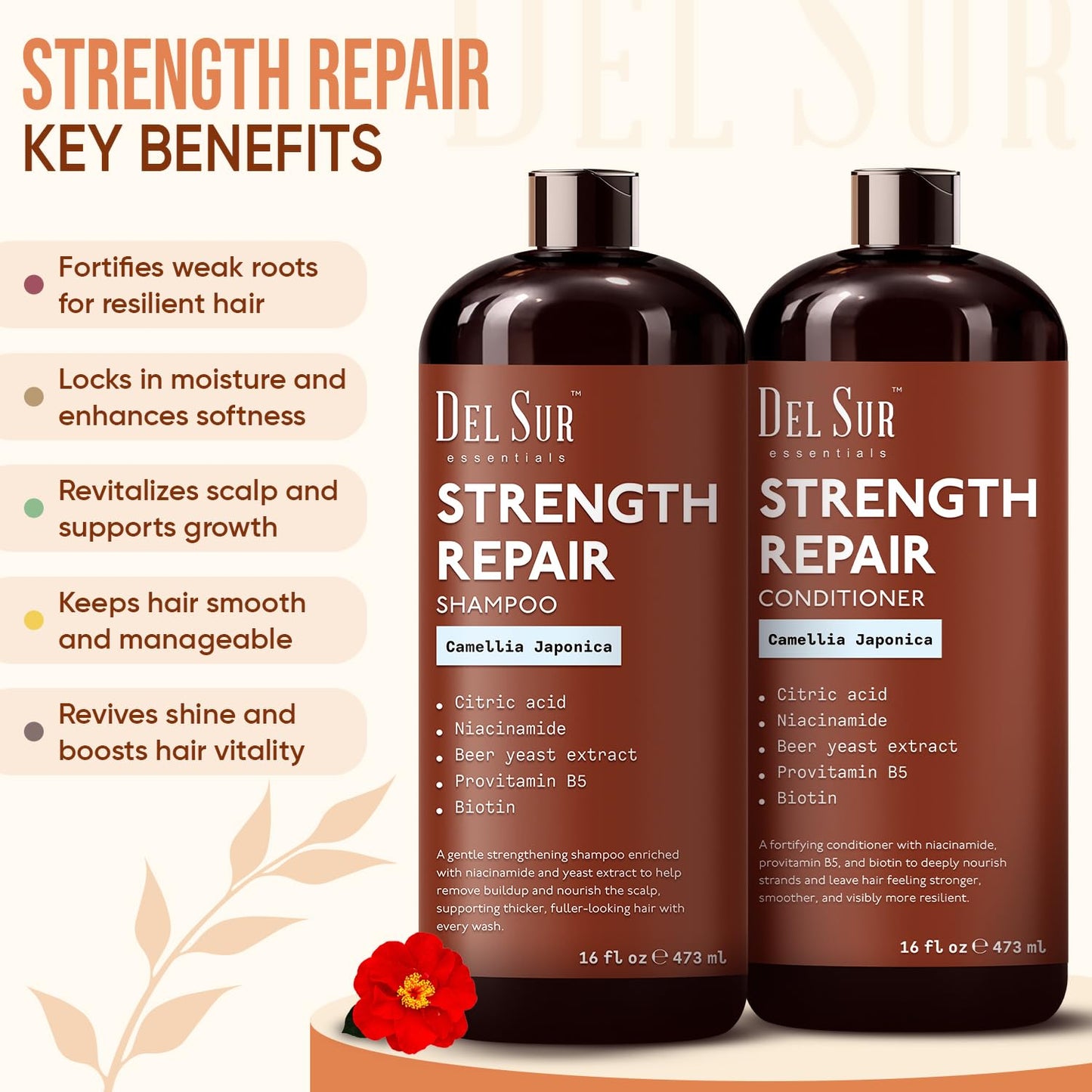 DEL SUR Hair Strengthening Shampoo and Conditioner Set | 16 fl oz Each | with Camellia Japonica, Niacinamide, Provitamin B5 & Biotin | Repair