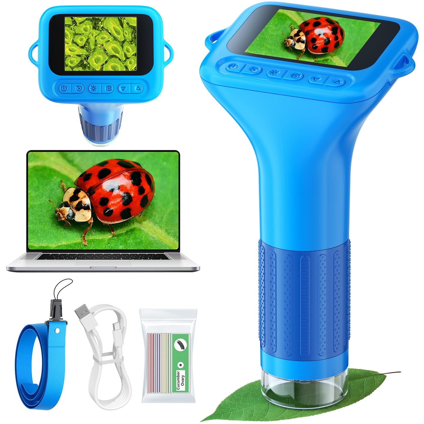 Odatay Kids Microscope – 100x-1000x 1080P Digital Handheld with 12 Slides, Portable Science Toy Gift for Boys & Girls Ages 3–12, Blue
