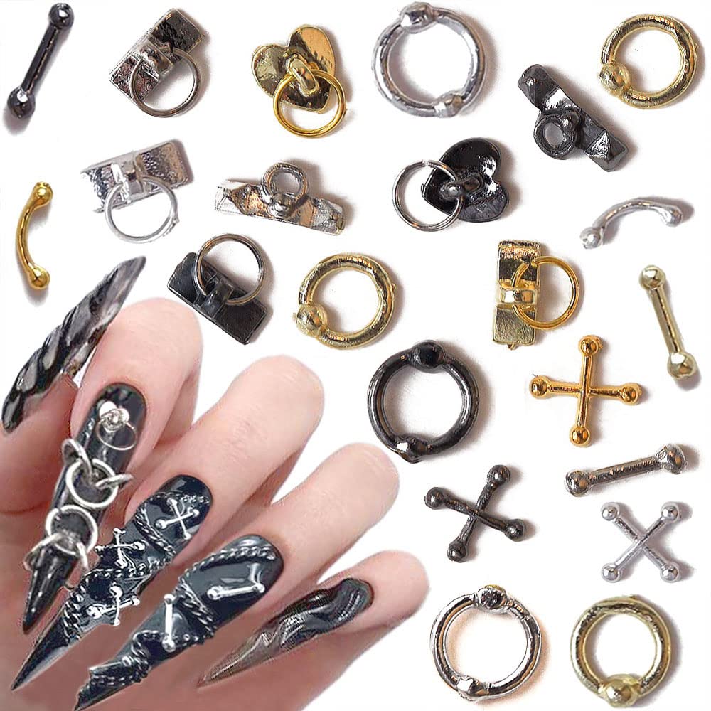 Dornail 30pcs Vintage Punk Alloy Nail Charms 3D Cross Nail Charm Hollow Hanging Rings Latch Metal Nail Art Charms for Nails Jewelry Gothic Design Nail