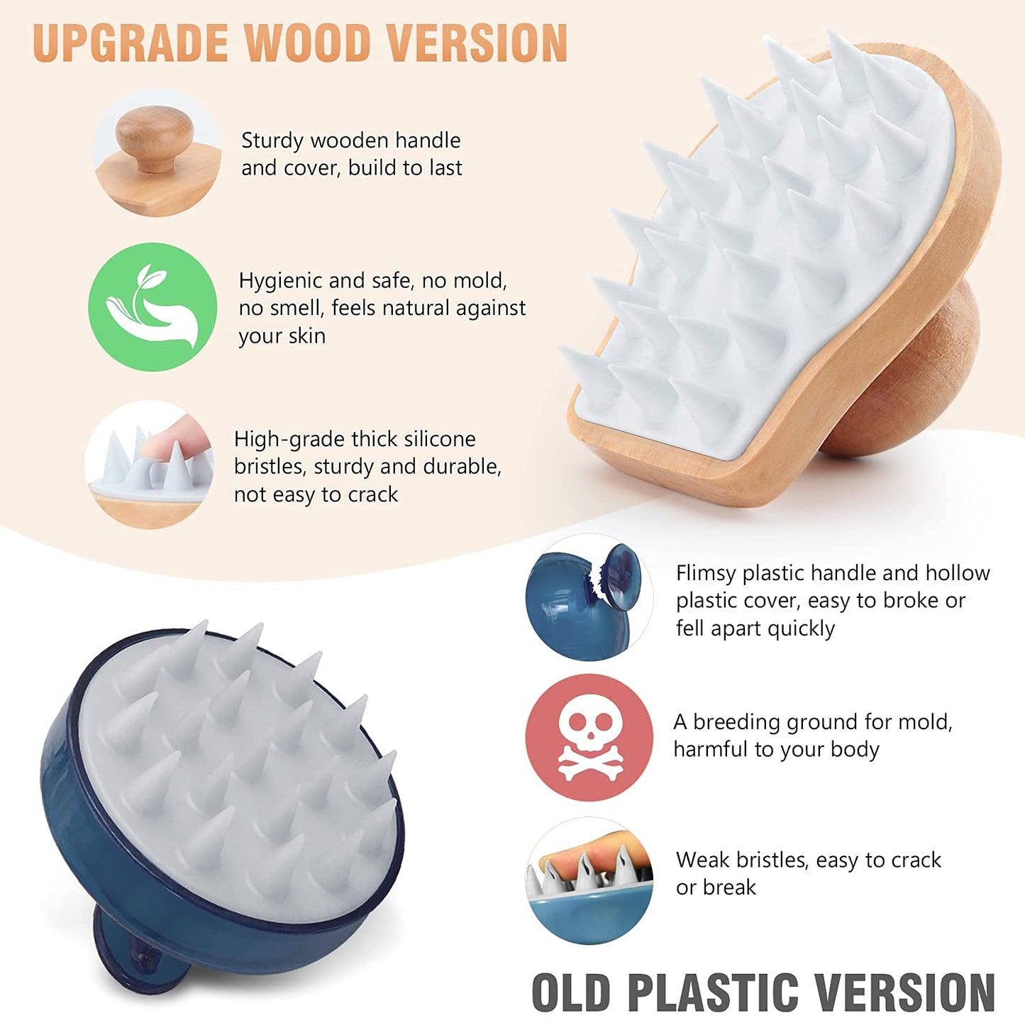 Hangerspace Scalp Massager Shampoo Brush, Wooden Wet and Dry Hair Scalp Care Brush, Shower Brush Scalp Scrubber Exfoliator with Soft Silicone Bristles