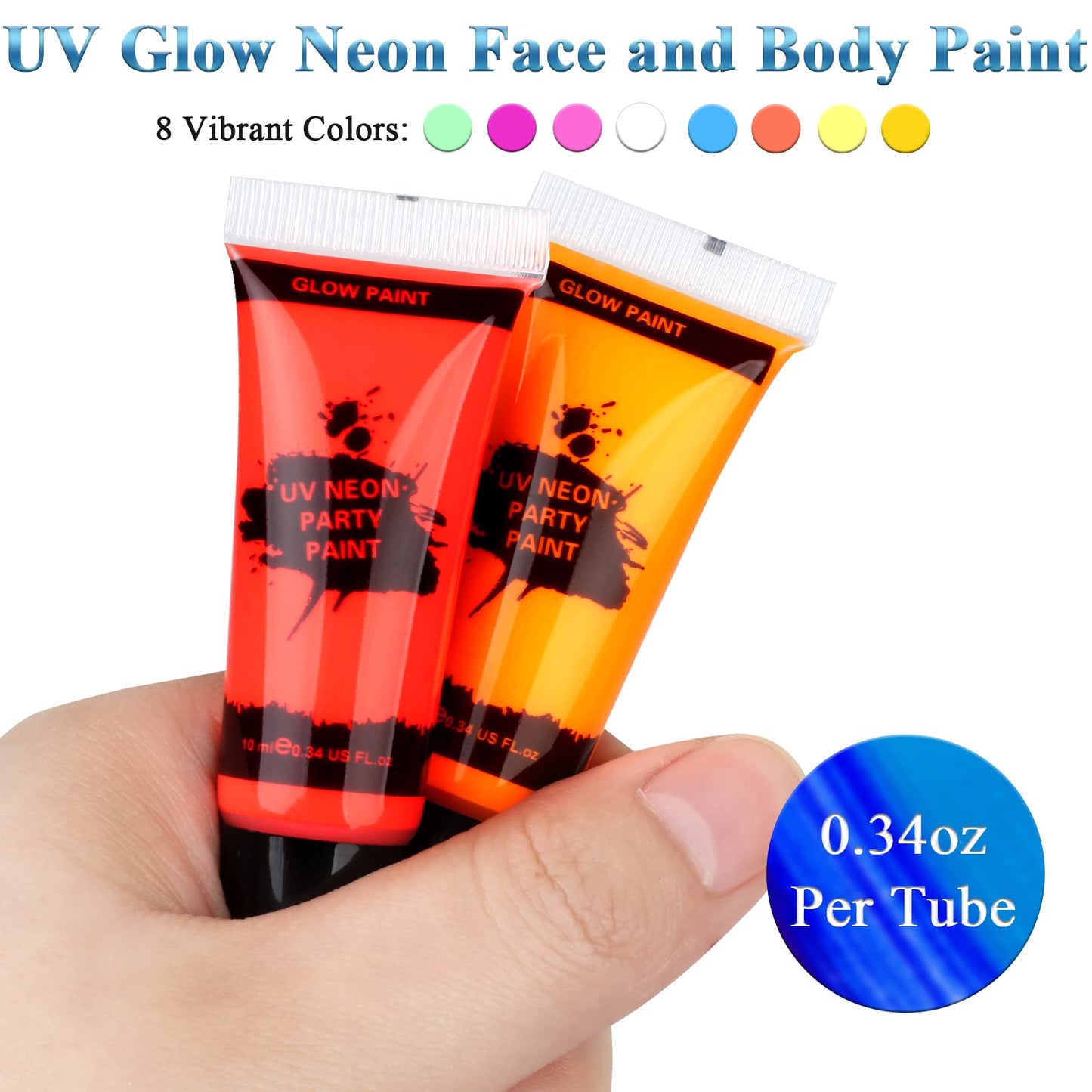 Blacklight Neon Face and Body Paint, 8 Tubes 0.34oz Glow in the Dark Body Paints, Neon Fluorescent Glow in Dark Party Supplies (10ml).…