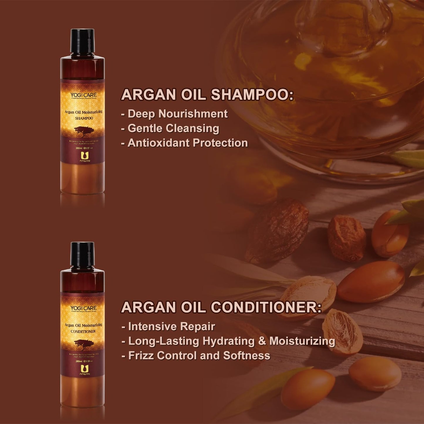 YOGI CARE Argan Oil Shampoo and Conditioner Set - Moisturizing Sulfate Free Moroccan Care- For Curly, Straight, Dry and Damaged Hair