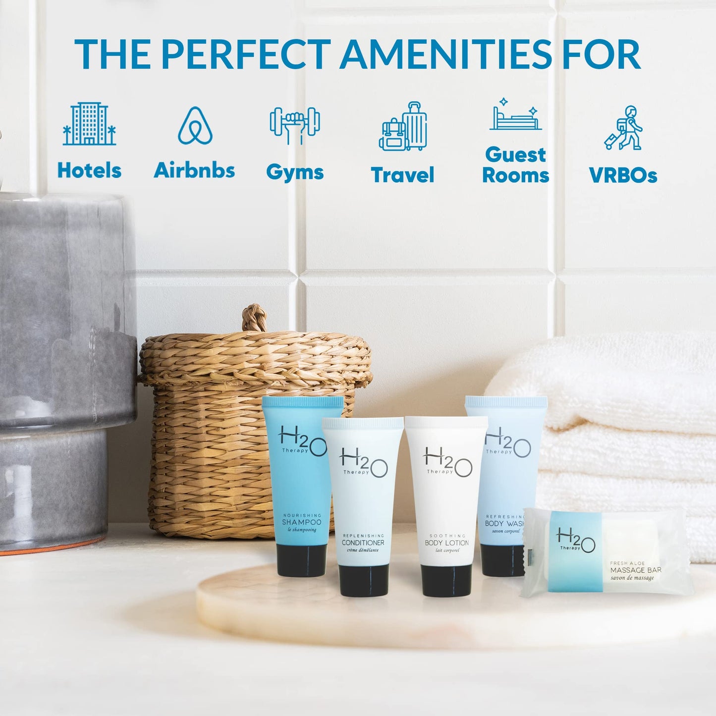 H2O Therapy Hotel Soaps & Toiletries Bulk Set | 1-Shoppe Amenities Kit | 0.85oz Shampoo & Conditioner, Body Wash, Lotion, 1oz Bar Soap | Travel Size |