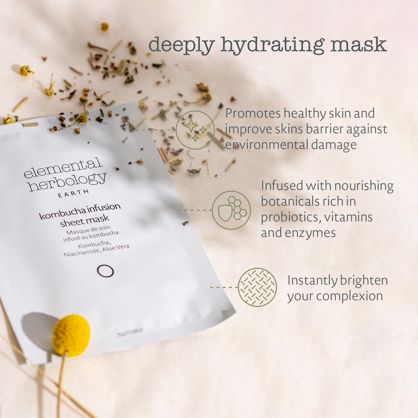 Elemental Herbology Kombucha Infusion Sheet Mask, 1 Mask- Radiance-Boosting, Face Sheet Mask with Probiotics, Niacinamide & Aloe Vera - Brightens