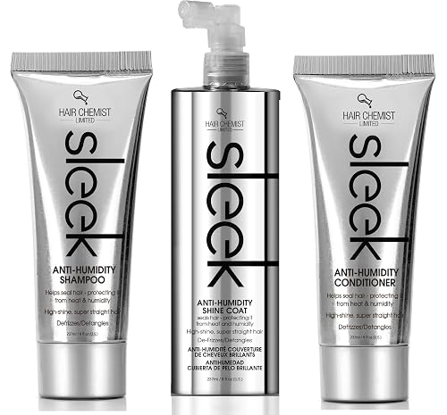 Hair Chemist Sleek Anti-Humidity Shampoo 8oz, Conditioner 8oz & Shine Coat 8oz 3-PC SET - Frizzy Hair Shampoo and Anti-Frizz Treatment Collection