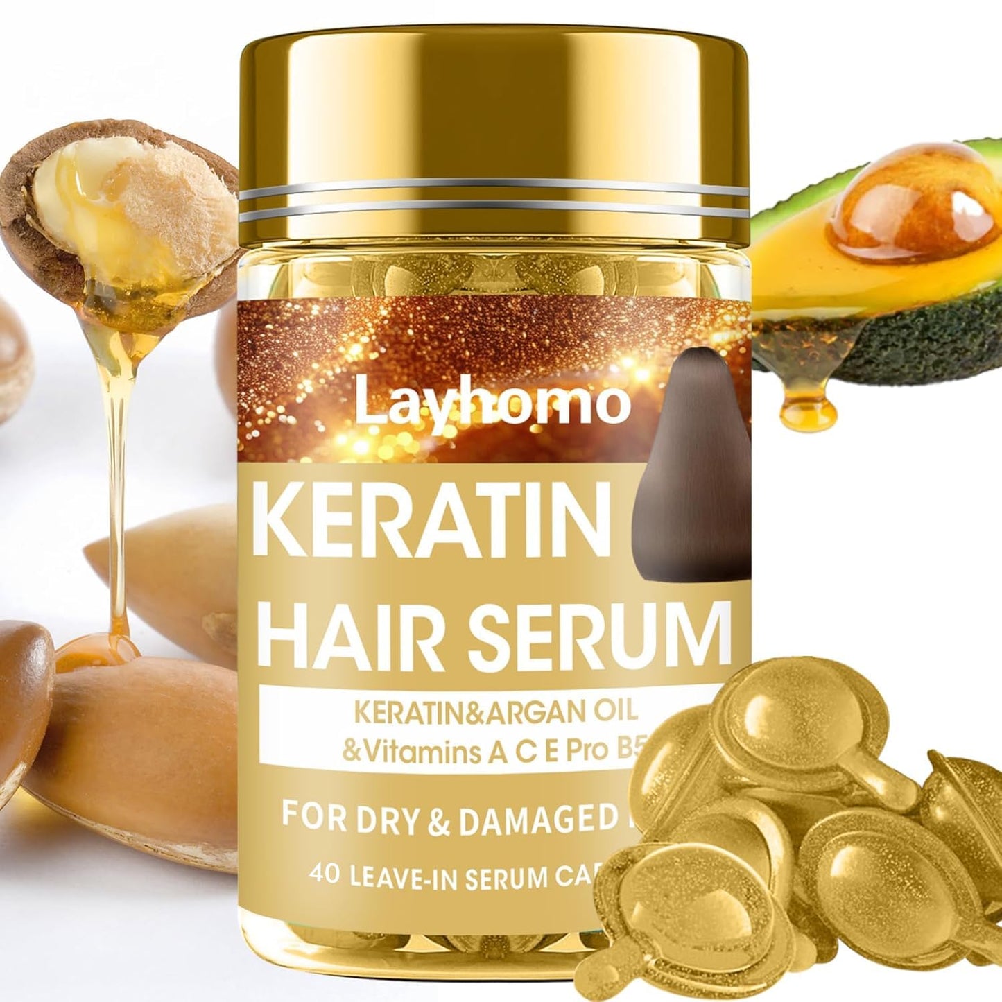 Keratin Hair Treatment Serum,Hair Serum Treatment for Dry Damaged Hair,Hair Oil Capsules with Keratin,Argan Oil-Leave-in Anti Frizz Conditioner Beauty and Personal Care Layhomo