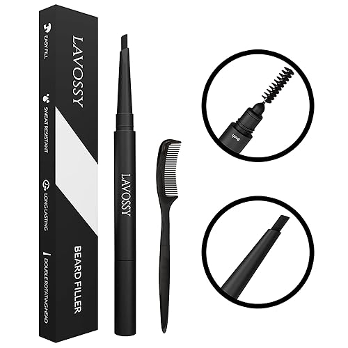 LAVOSSY Beard Pencil Filler for Men - Long Lasting and Easy to Use Beard Pen with blending brush results in a sleek & natural look, Water/Sweat Proof