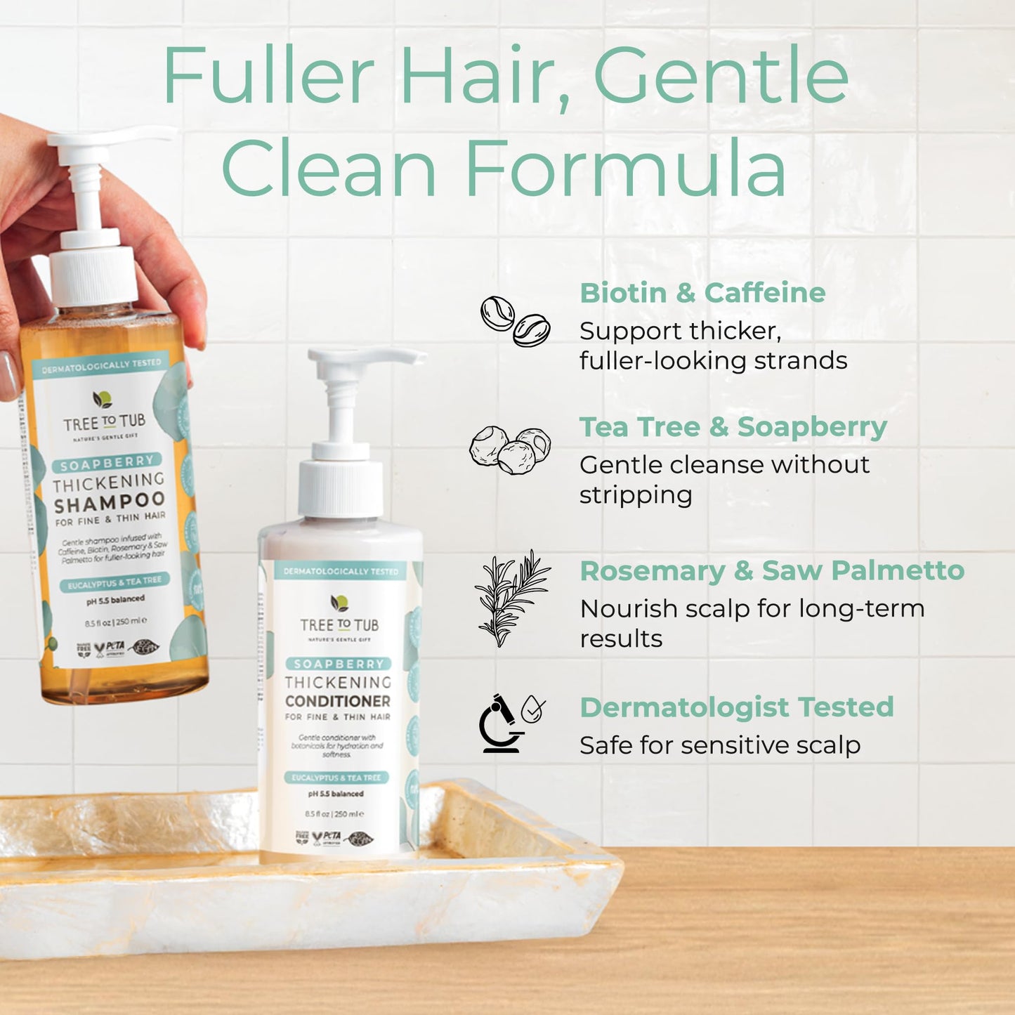 Tree To Tub Volumizing Biotin Shampoo and Conditioner Set - Activating Caffeine for Fuller Hair, Thickening Shampoo and Conditioner for Women & Men