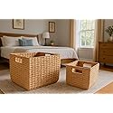 14" and 11" Handwoven Water Hyacinth Storage Baskets with Handles, Set of 2 - Natural Square Woven Organizer Bins for Shelves, Closet, or Living Room…