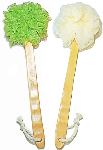 Shower Loofah Body & Back Scrubber - Exfoliating Loofah Bath Brush On a Stick - with Long Wooden Handle Back Brush for Men & Women - Easy Reach Body
