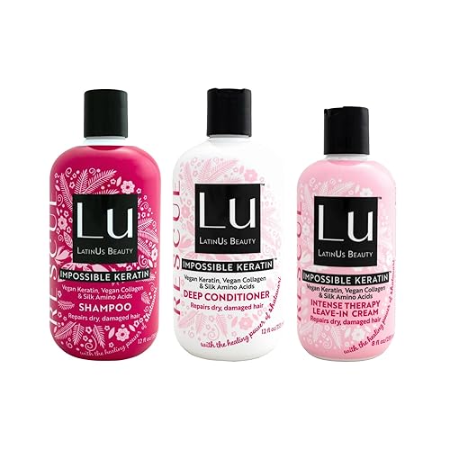 LATINUS BEAUTY RESCUE Collection, Impossible Keratin Anti-Frizz Shampoo (12 oz) + Conditioner (12 oz) + Leave-In Cream (8 oz) for Dry, Damaged Hair