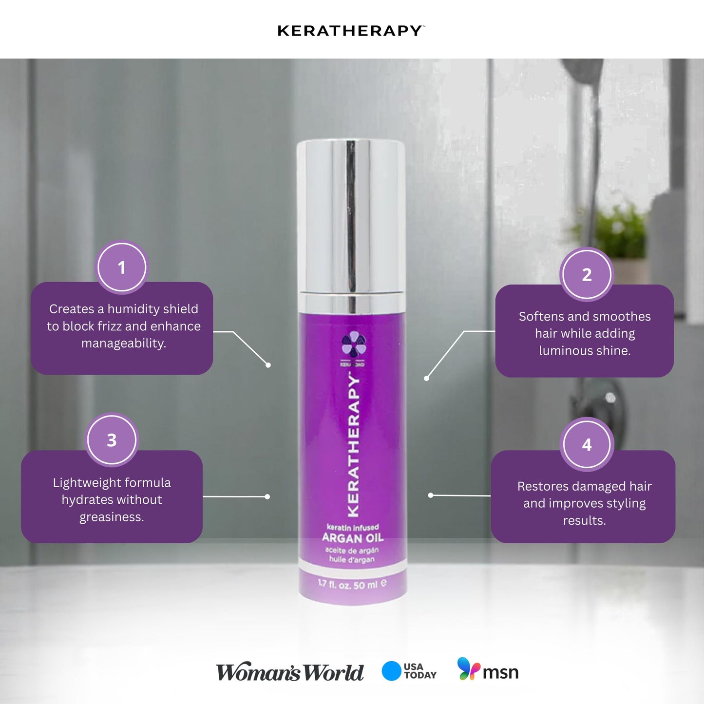 KERATHERAPY Keratin Infused Argan Oil, 1.7 fl. oz., 50 ml - Repairing Hair Care for Dry Damaged Hair, Frizz, Flyaways & Easy Styling - Kerabond