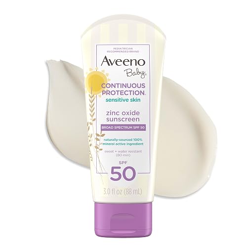 Aveeno Baby Continuous Protection Zinc Oxide SPF 50 Sunscreen for Babies with Sensitive Skin, Broad Spectrum Sun Protection, Tear-Free, Sweat