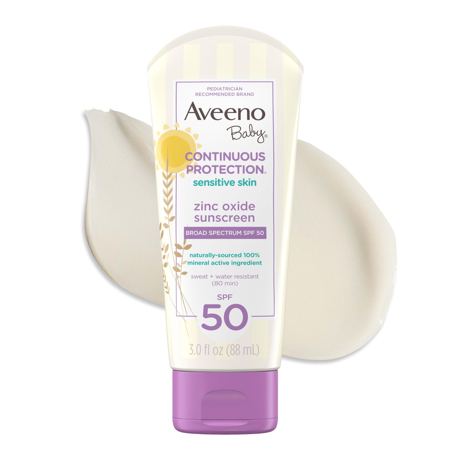 Aveeno Baby Continuous Protection Zinc Oxide SPF 50 Sunscreen for Babies with Sensitive Skin, Broad Spectrum Sun Protection, Tear-Free, Sweat