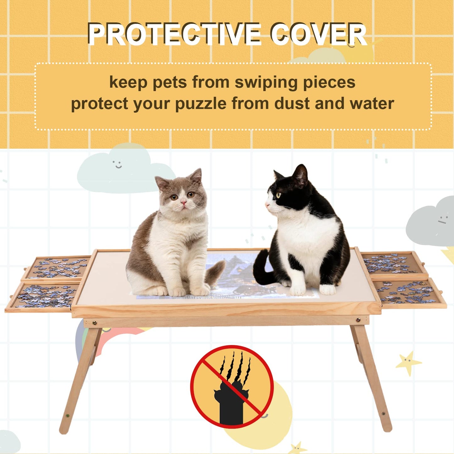 Yacona 1500 Piece Puzzle Board – 34.3"x26.5" Jigsaw Table with 4 Drawers & Cover, Portable Folding Legs, No Installation Needed