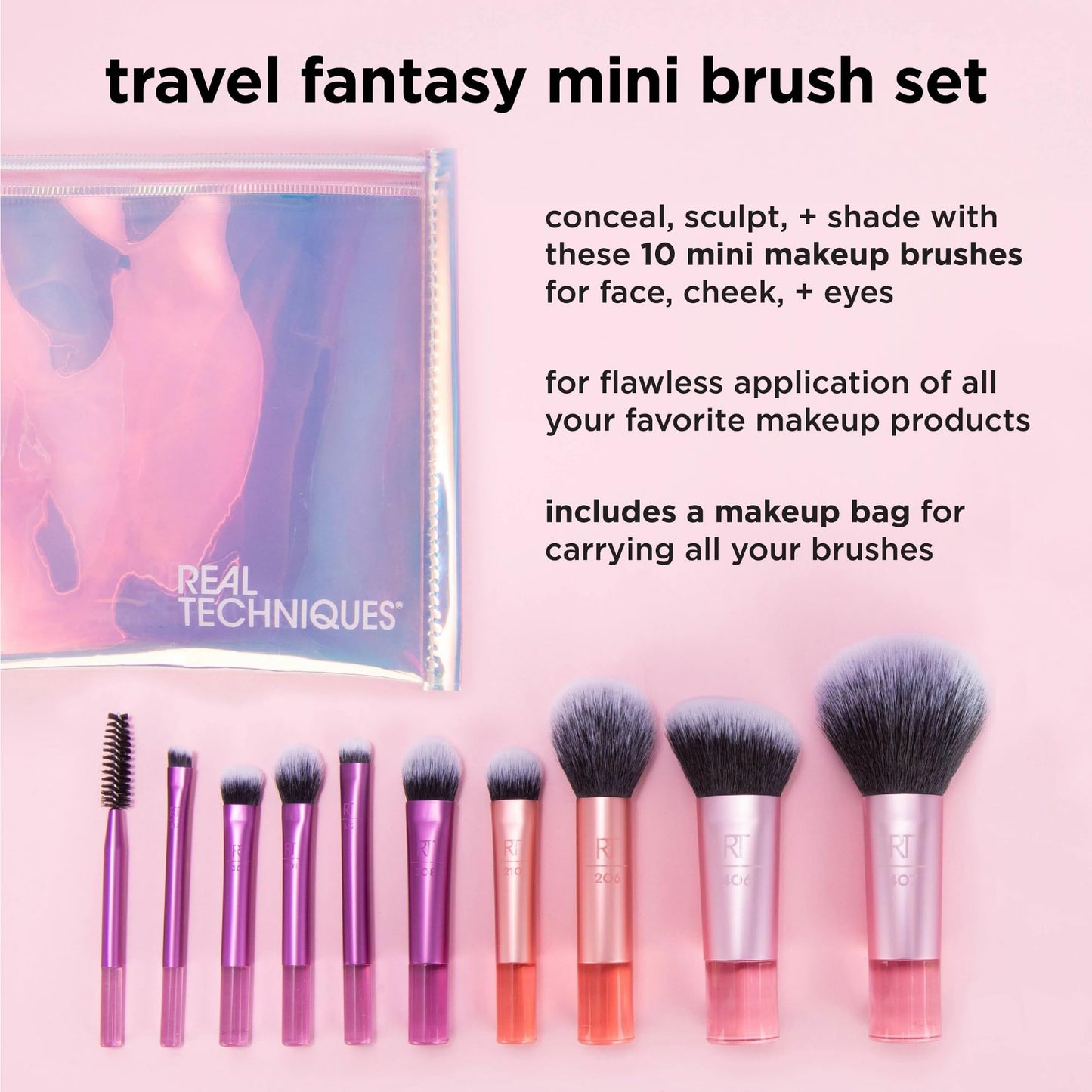 Real Techniques 11 Piece Travel Fantasy Mini Brush Set, Travel Size Makeup Brushes For Foundation Eyeshadow, Powder, Blush, Contour, & Concealer
