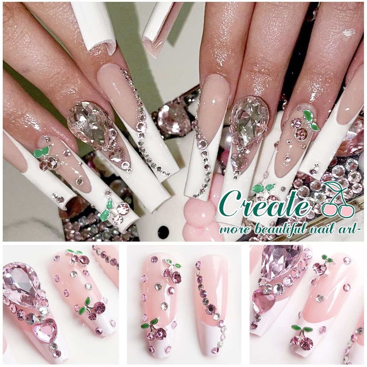 qiipii 60 Pcs 3D Cherry Nail Charms Cherry Nail Rhinestones Nail Art Shiny Gems Nail Studs Cute Fruit Nail Diamond Crystal Luxury Jewelry for Nails