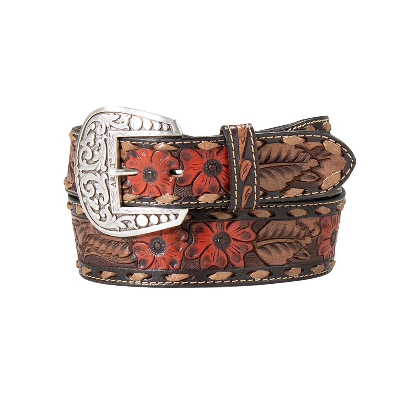 ARIAT Women's Floral Pattern Leather Belt, Brown/Black, Large