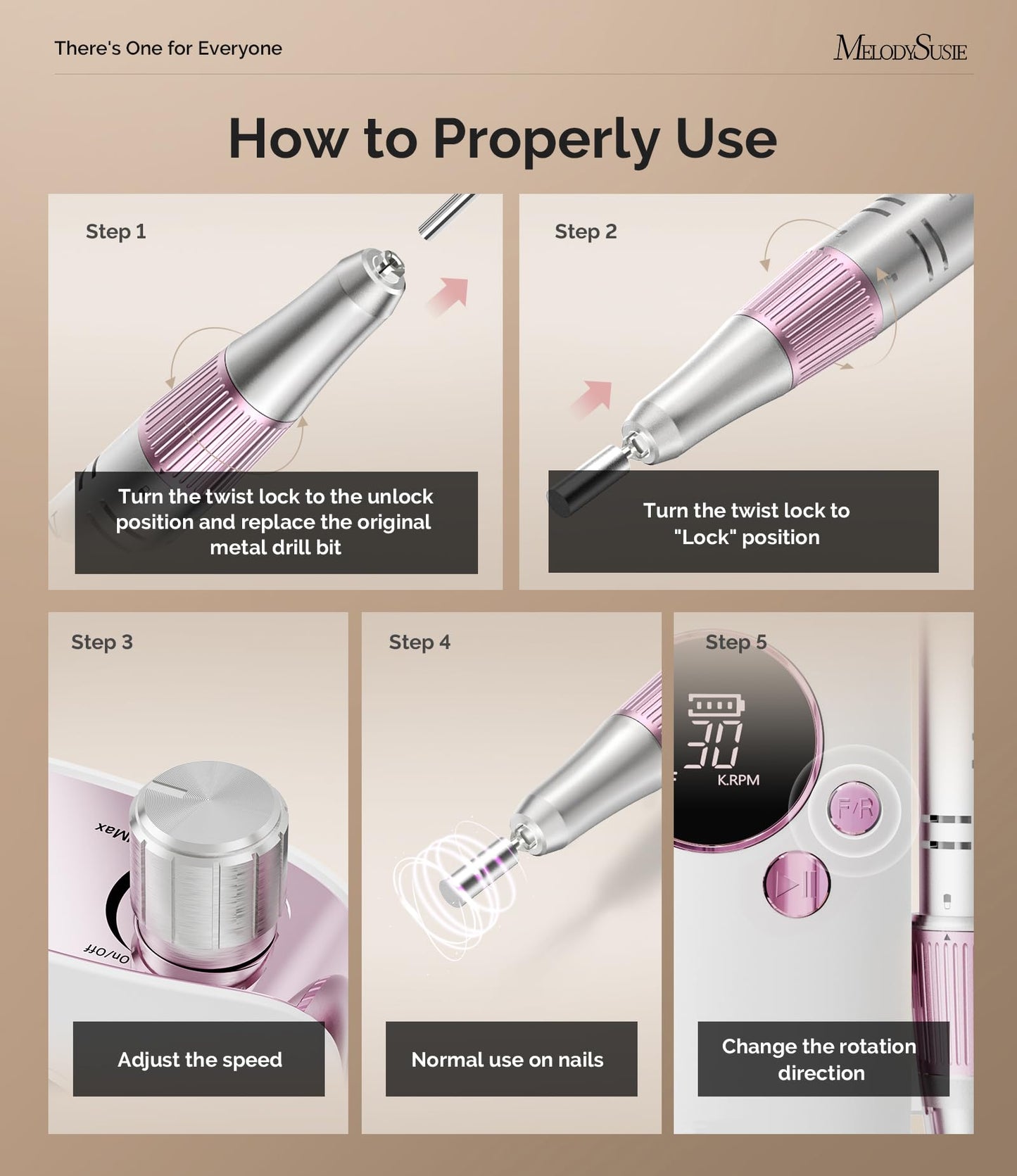 MelodySusie Entry-Level Clip-On Rechargeable Nail Drill, SC320F 30000RPM E-File with Pastel & Colorful Design for Manicure Shaping & Gel Removal Beauty and Personal Care MelodySusie