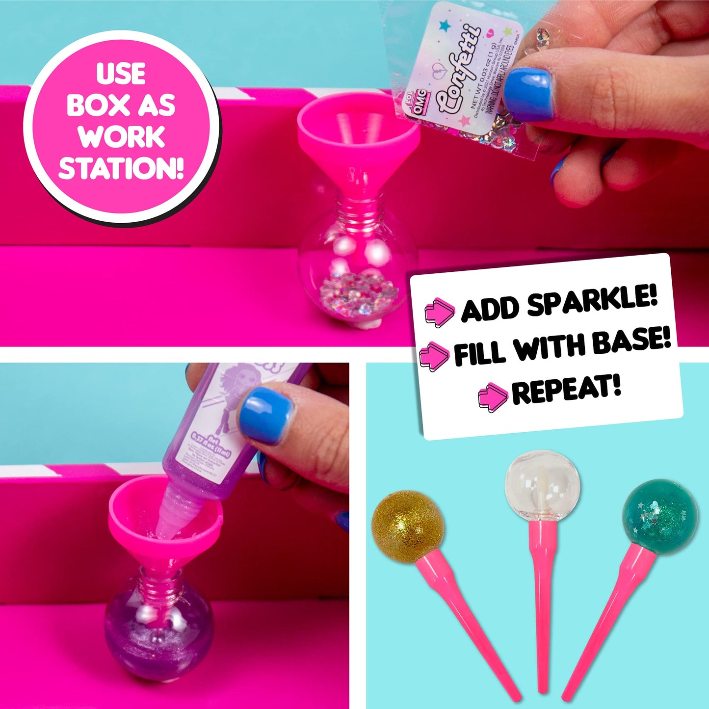 L.O.L. Surprise! O.M.G. Lollipop Lip Gloss by Horizon Group USA, Create 4 LOL Surprise Lip Glosses, Includes 4 Lip Gloss Containers, 3 Fun Flavors