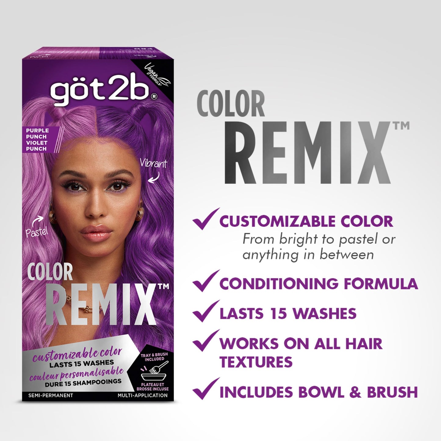 got2b Color Remix Semi-Permanent Hair Color, Purple Punch 094, Customizable Temporary Hair Dye to Create A Vibrant or Pastel Shade, Easy At-Home