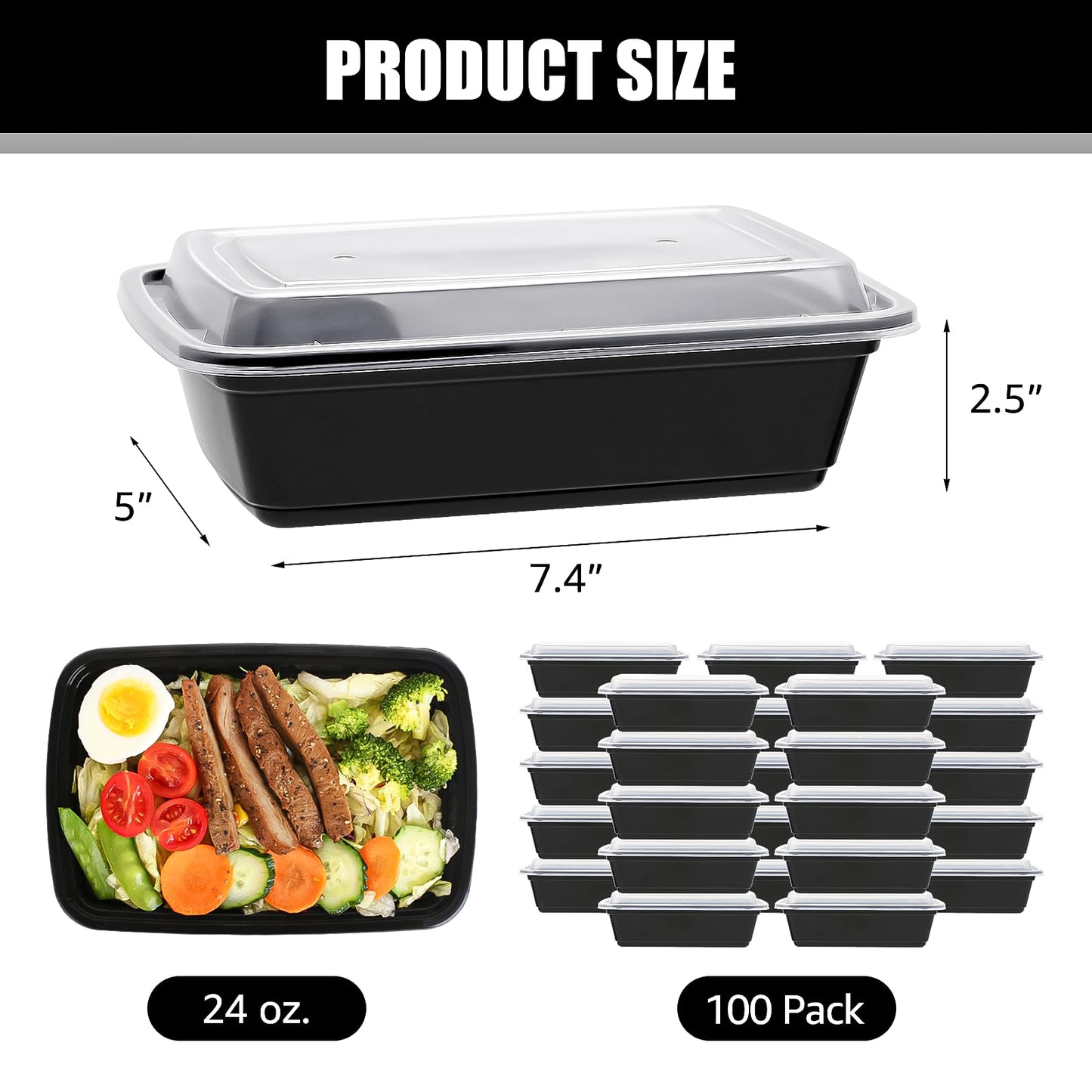 Lifetime Supplies 100 PACK, 24 oz. Meal Prep Containers, Extra Large & Thick Food Storage Containers with Lids - BPA Free Stackable Microwavable…