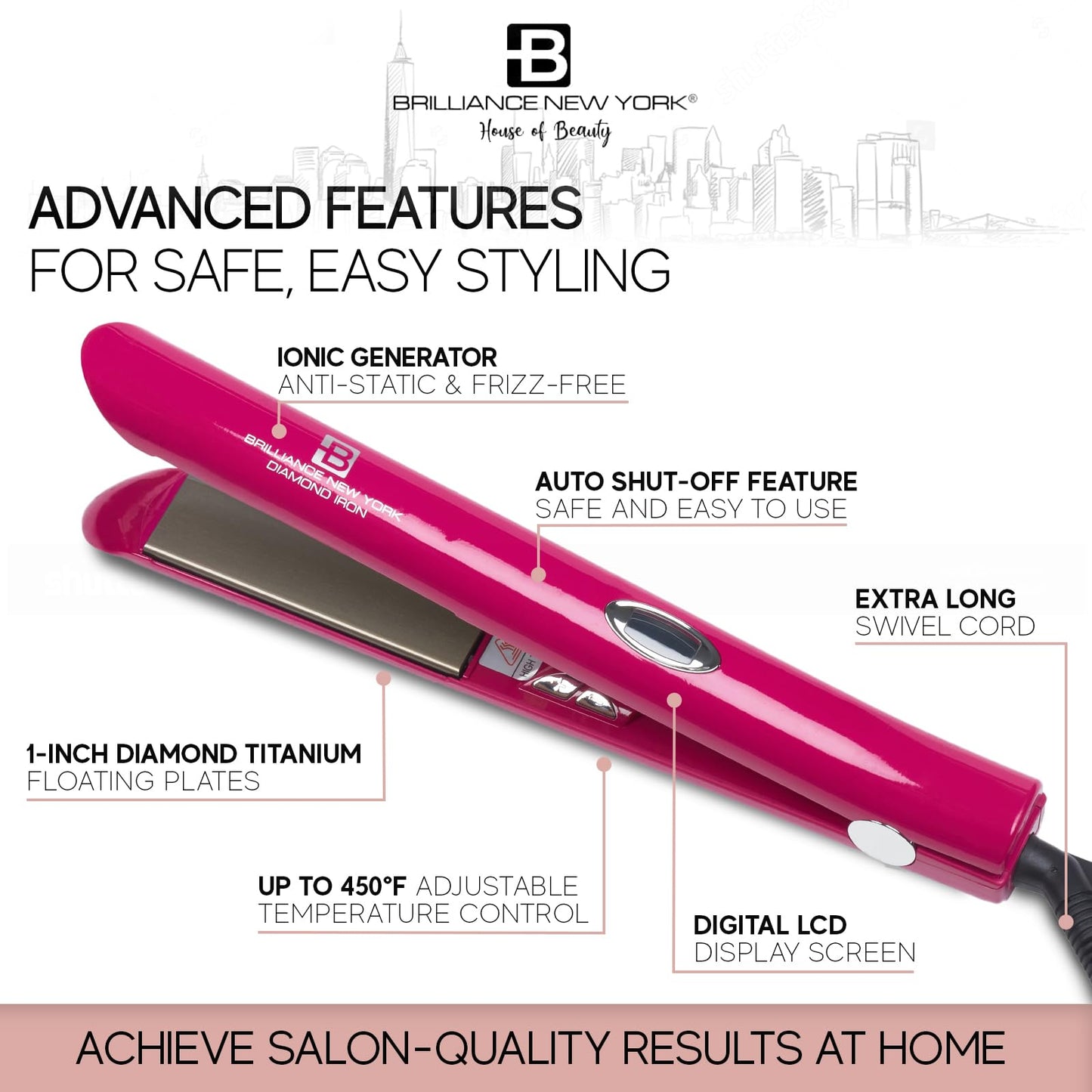 Brilliance New York - 1 Inch Diamond Titanium Flat Iron - 2 in 1 Hair Straightener and Curler - Anti-Static, Frizz-Free Ionic Plates - Auto Shut-Off