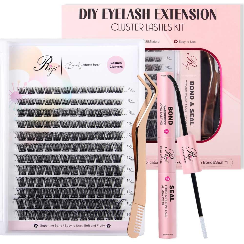 Riya Lash Clusters 12Rows 144Pcs with Strong Hold Bond Seal Lash Glue and Eyelash Extenisons Kit, and Applicator Clusters Lashes Kit 8-16MM D Curl