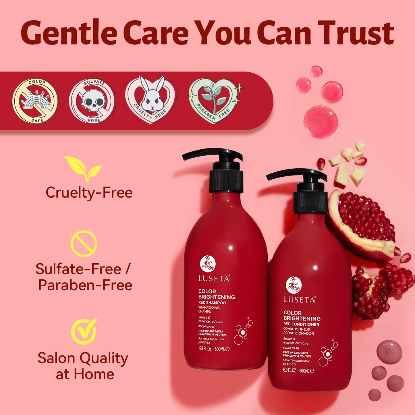 Color Treated Red Hair Shampoo and Conditioner Set with Pomegranate Extract for Copper Brightening and Strengthening, for Women and Men, 16.8oz*2