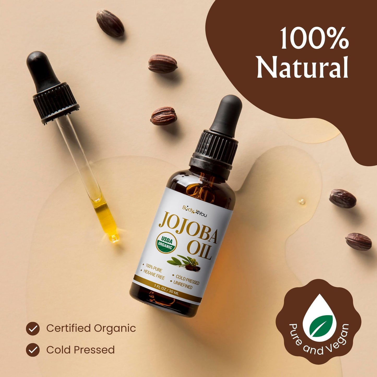 BodyJ4You Jojoba Oil for Face Skin - USDA Organic 100% Pure Cold Pressed - Facial Dermaplane Gua Sha Hair Growth Body Massage Nails Oil - Unrefined Beauty and Personal Care BodyJ4You