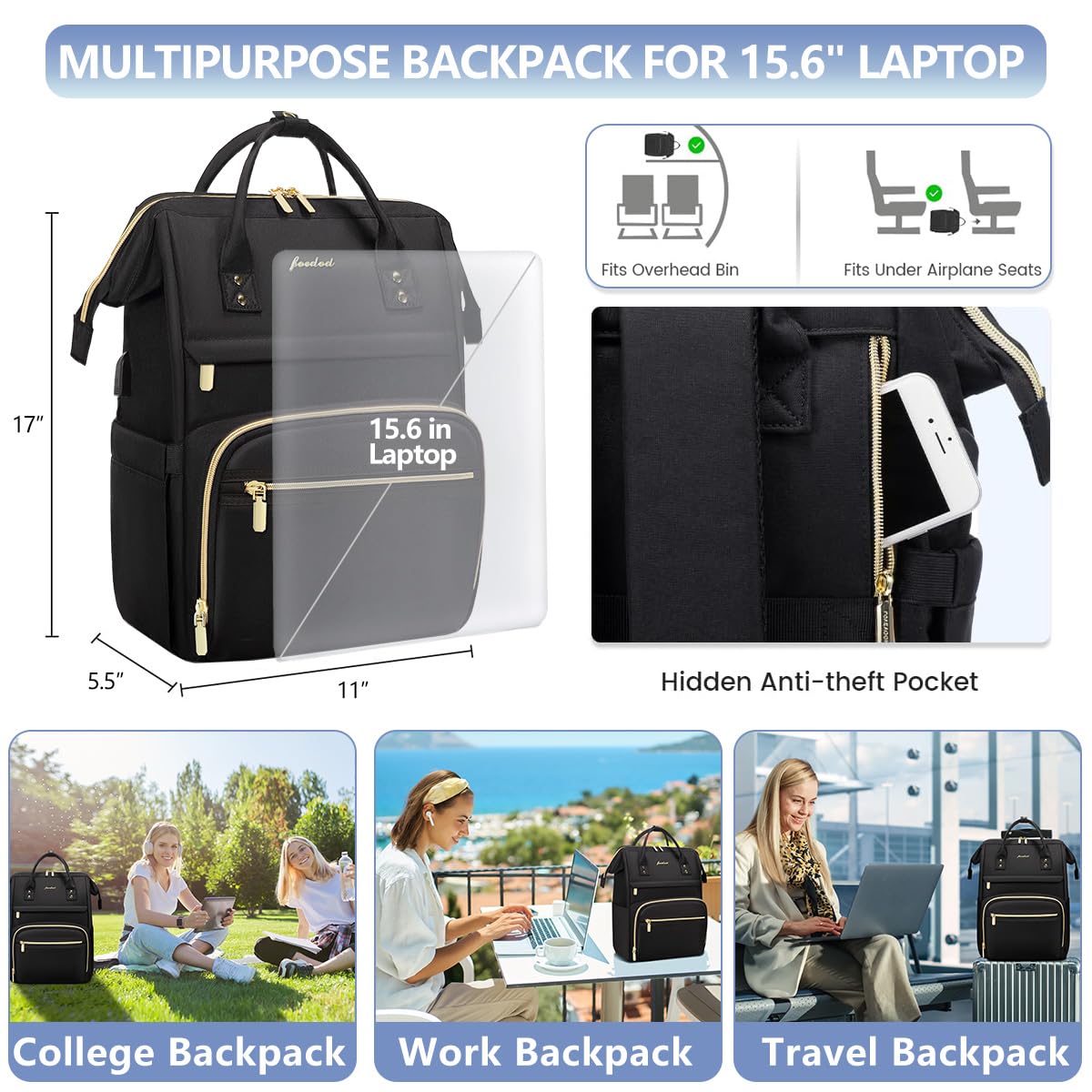 FOCDOD Women Laptop Backpack Work Bag - Fits 15.6 inch with Laptop Compartment Waterproof Professional Fashion Travel Purse for College Nurse Business Computer Backpack