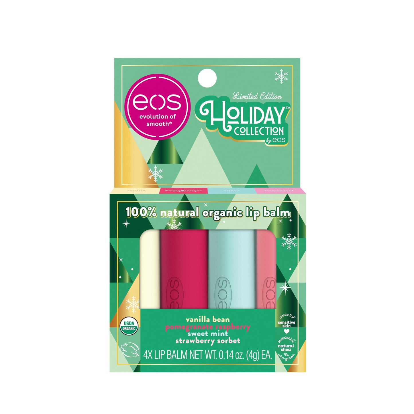 EOS Limited Edition Holiday Lip Balm, Raspberry Cloud & Blackberry Bellini, All-Day Moisture, Made for Sensitive Skin, 0.14 oz, 4-Pack, Clear