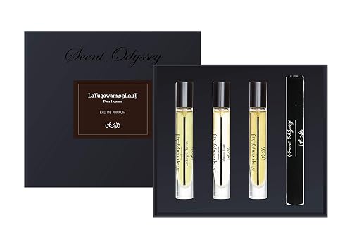 Rasasi Scent Odyssey - La Yuqawam for Men - 3 Pc Gift Set 0.25oz LaYuqawam Pour Homme EDP Spray, 0.25oz Ambergris Showers EDP Spray, 0.25oz Tobacco