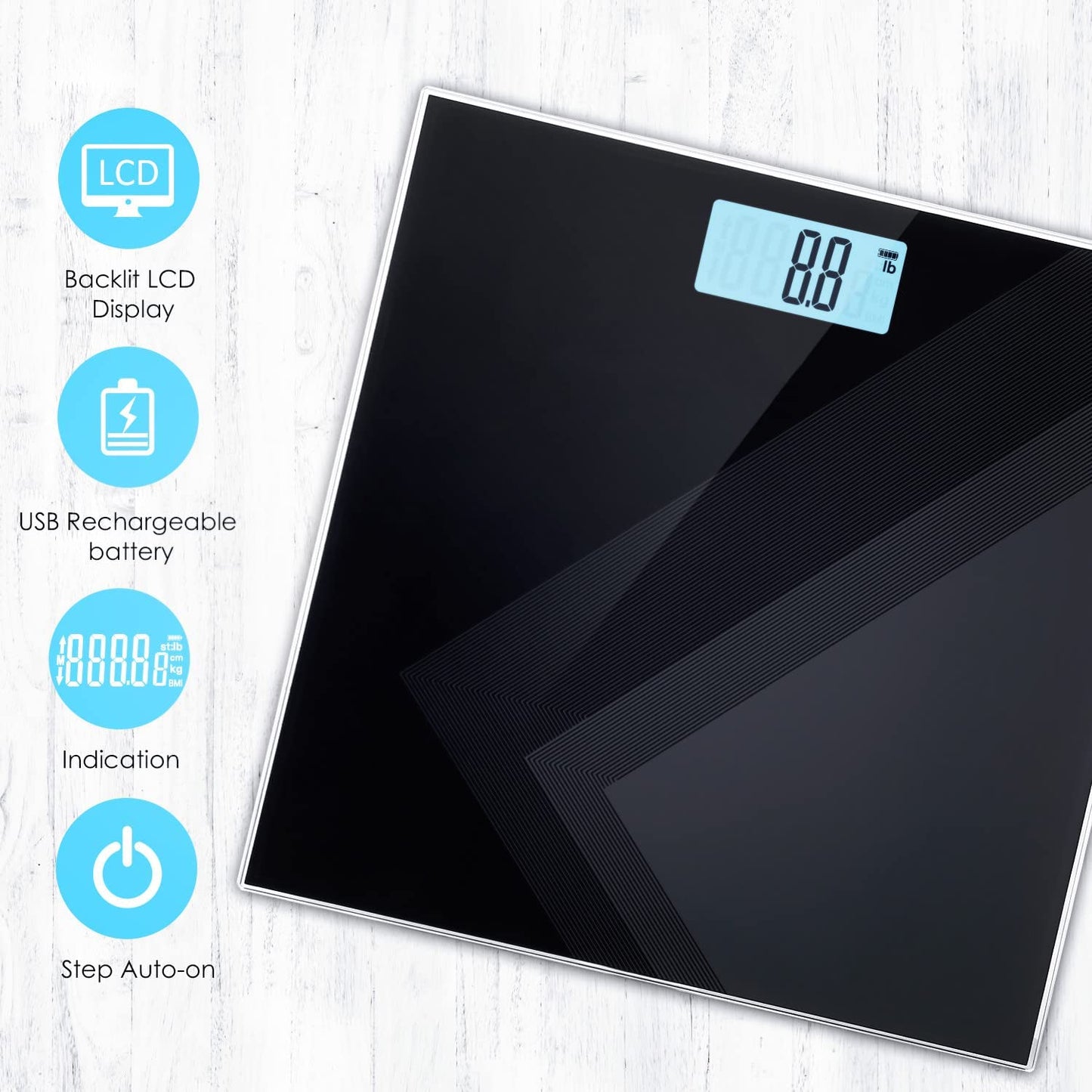 Uten Digital Weight Scale, USB Charging Bathroom Weight Scale, Three-Color LCD Back Light Display, Slim Design, 400Ibs/180kg, 6mm Tempered Glass…