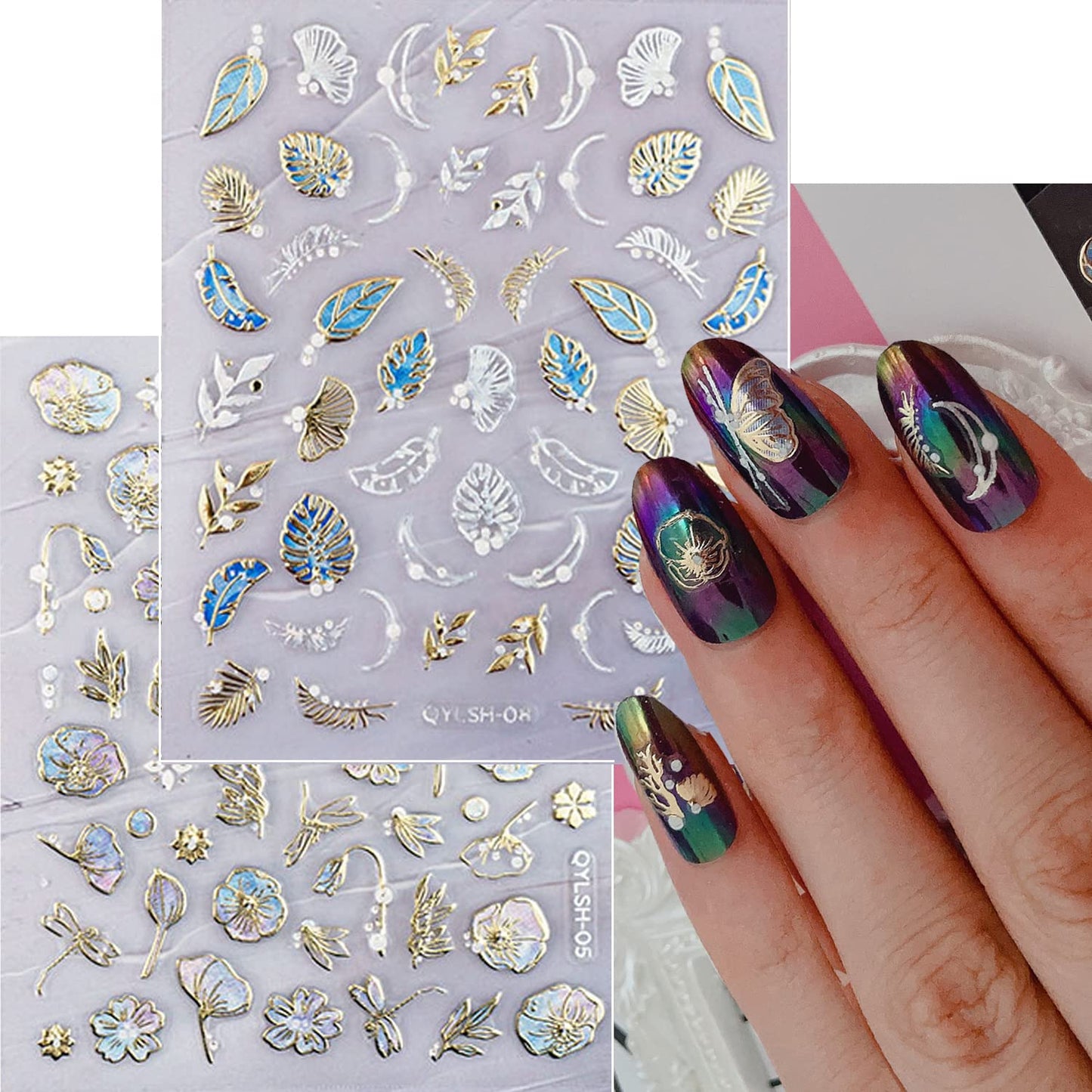 Zoance 20 Sheet 5D Embossed Nail Art Stickers,Luxury Gold Silver Nail Decals Self-Adhesive Metallic Leaves Flower Butterfly French Nail Stripe Line