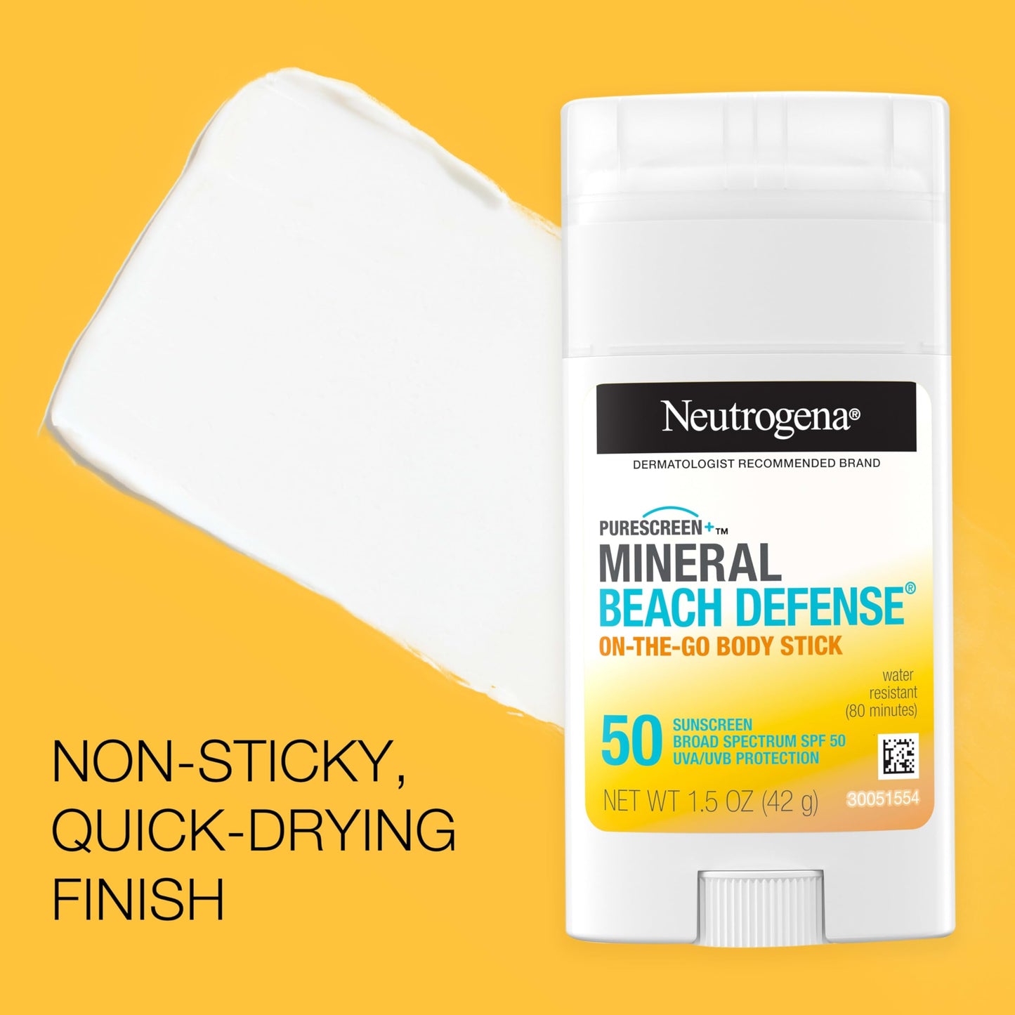 Neutrogena Purescreen+ Mineral Beach Defense On-The-Go Body Sunscreen Stick with Broad Spectrum SPF 50, Water Resistant UVA/UVB Protection, Absorbs