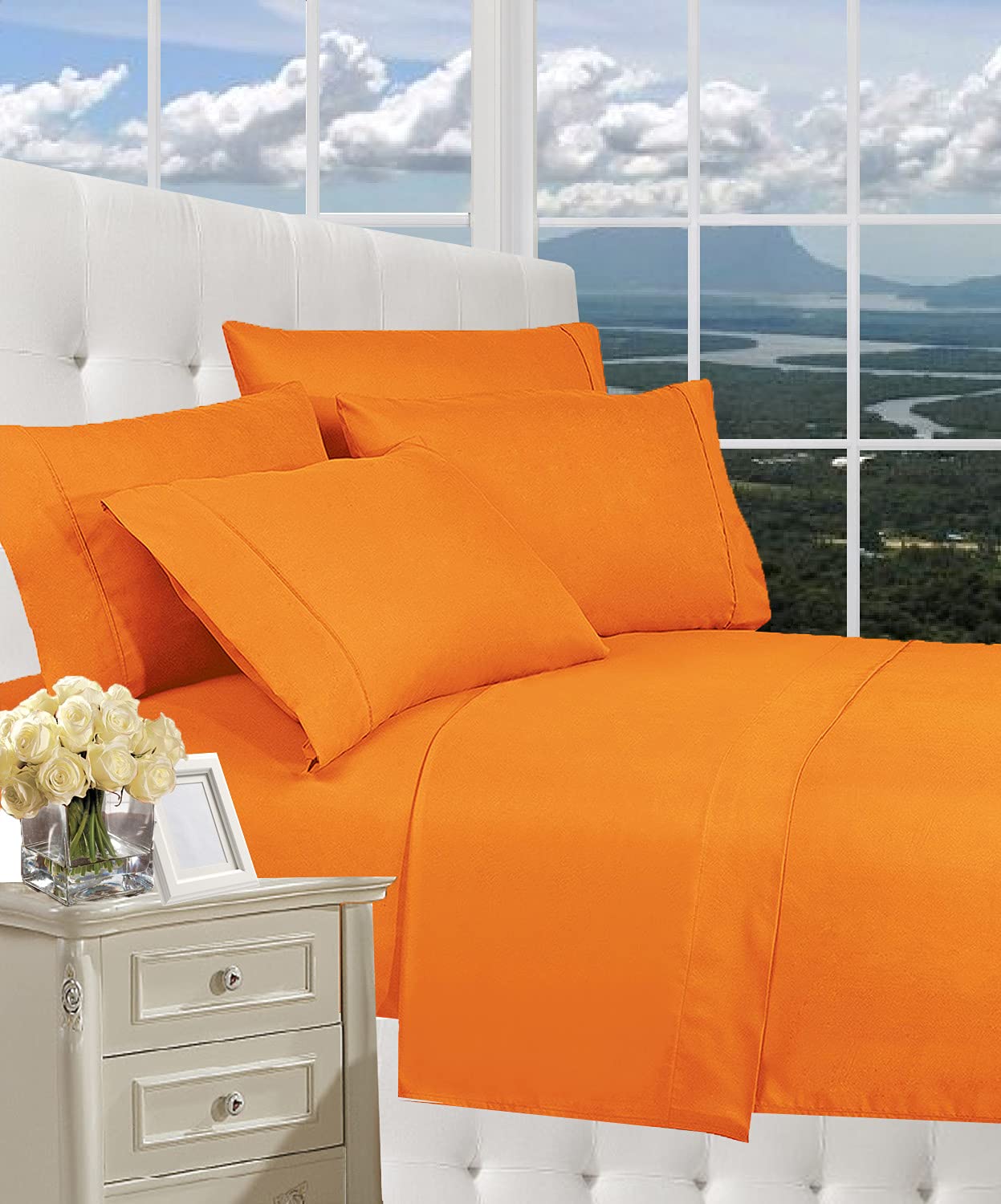 CELINE LINEN Luxury Silky-Soft 1500 Premier Softest Hotel Quality Wrinkle-Free 4-Piece Bed Sheet Set, Deep Pocket up to 16 inch, Queen Vibrant Orange