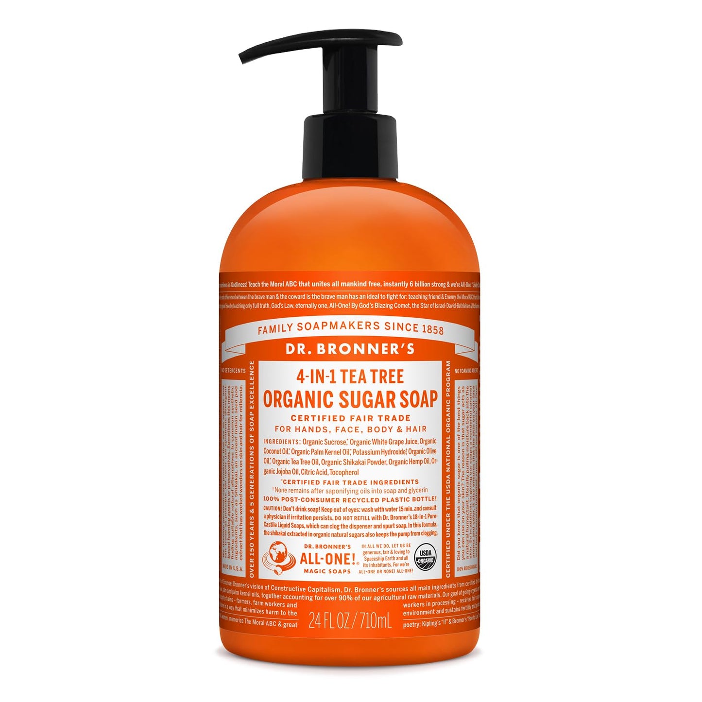 Dr. Bronner's - Organic Sugar Soap (Tea Tree, 24 Ounce) - Made with Organic Oils, Sugar and Shikakai Powder, 4-in-1 Uses: Hands, Body, Face and Hair