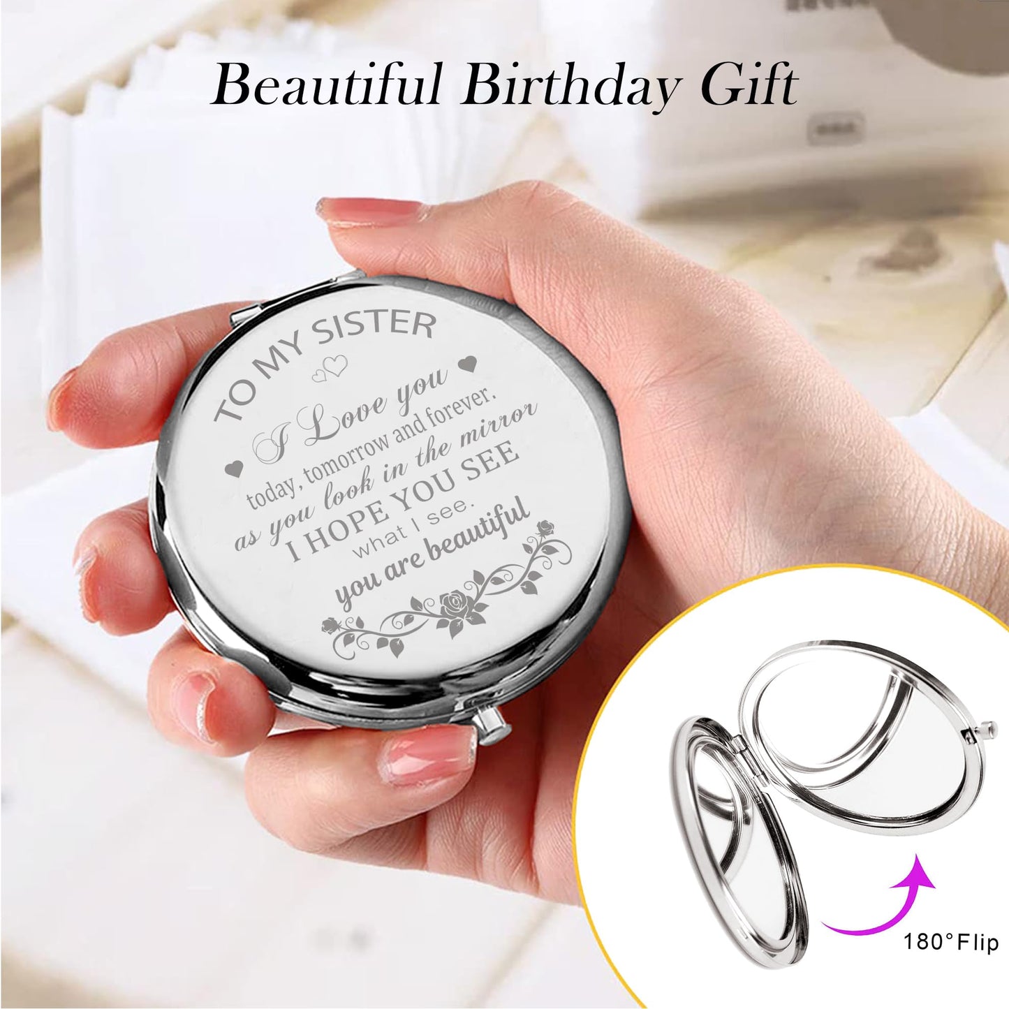 GAOLZIUY Compact Mirror Gifts from Sister, Silver Compact Mirror for Big/Litter Sister, Birthday Gifts for Sister Graduation, Valentine, Mothers Day