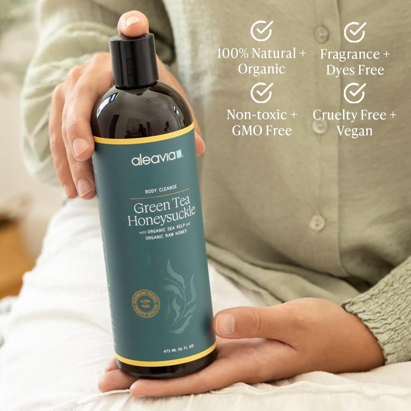 Aleavia Body Cleanse - Organic & All-Natural Prebiotic Body Wash with Raw Honey - Green Tea Honeysuckle Scent - 16 Oz.