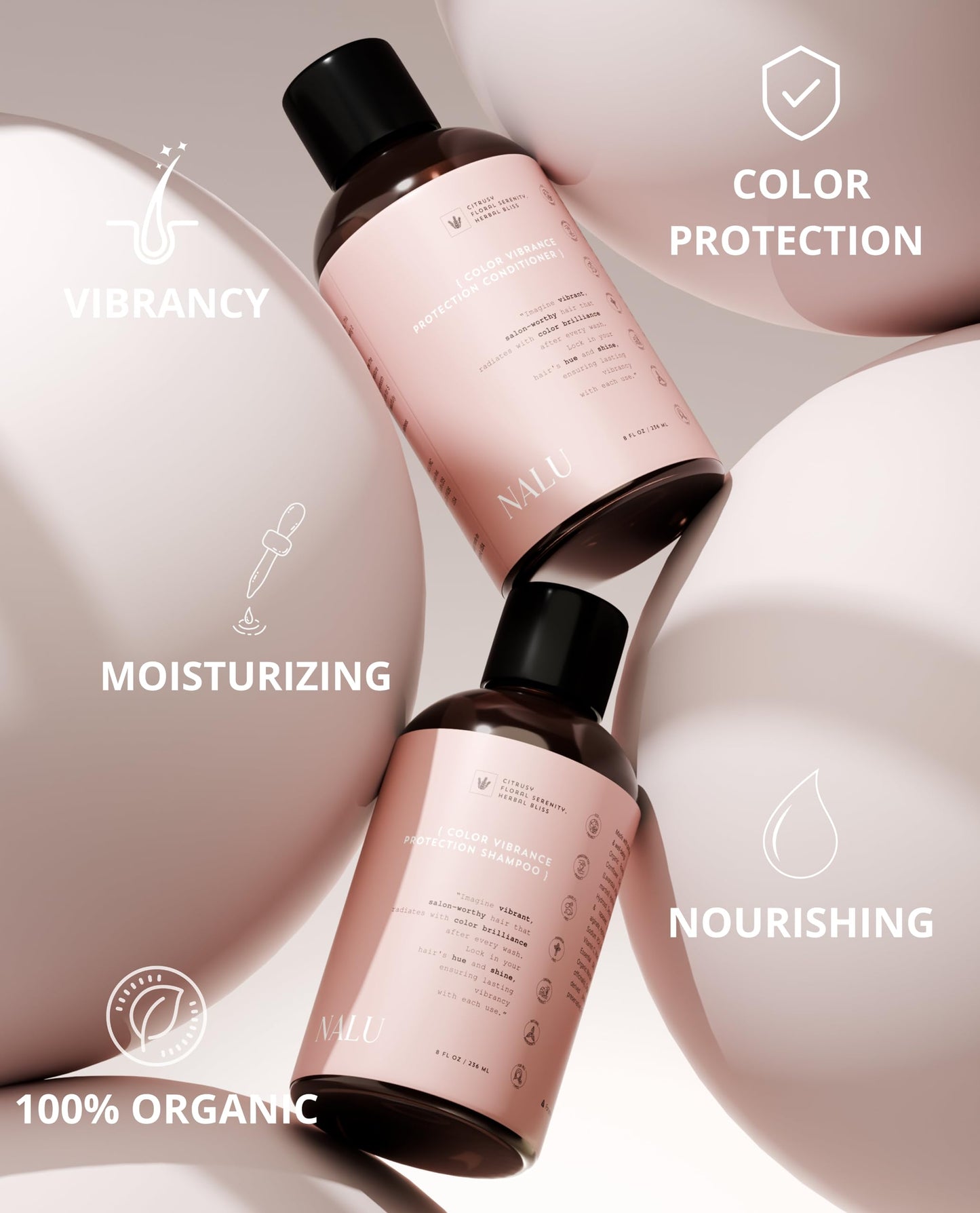 NALU Organic Color Vibrance Protection Shampoo & Conditioner Set - Lock in Moisture, Boost Shine & Preserve Color for Radiant Hair. 8 Fl Oz Each.