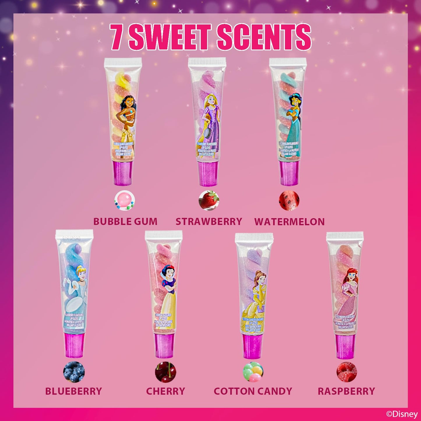 Townley Girl Disney Princess 7 Piece Swirl Lip Gloss, Girls Kids Party Favors, Lip Set for Girls, Perfect for Birthday Gifts, Plant Based, Ages 3