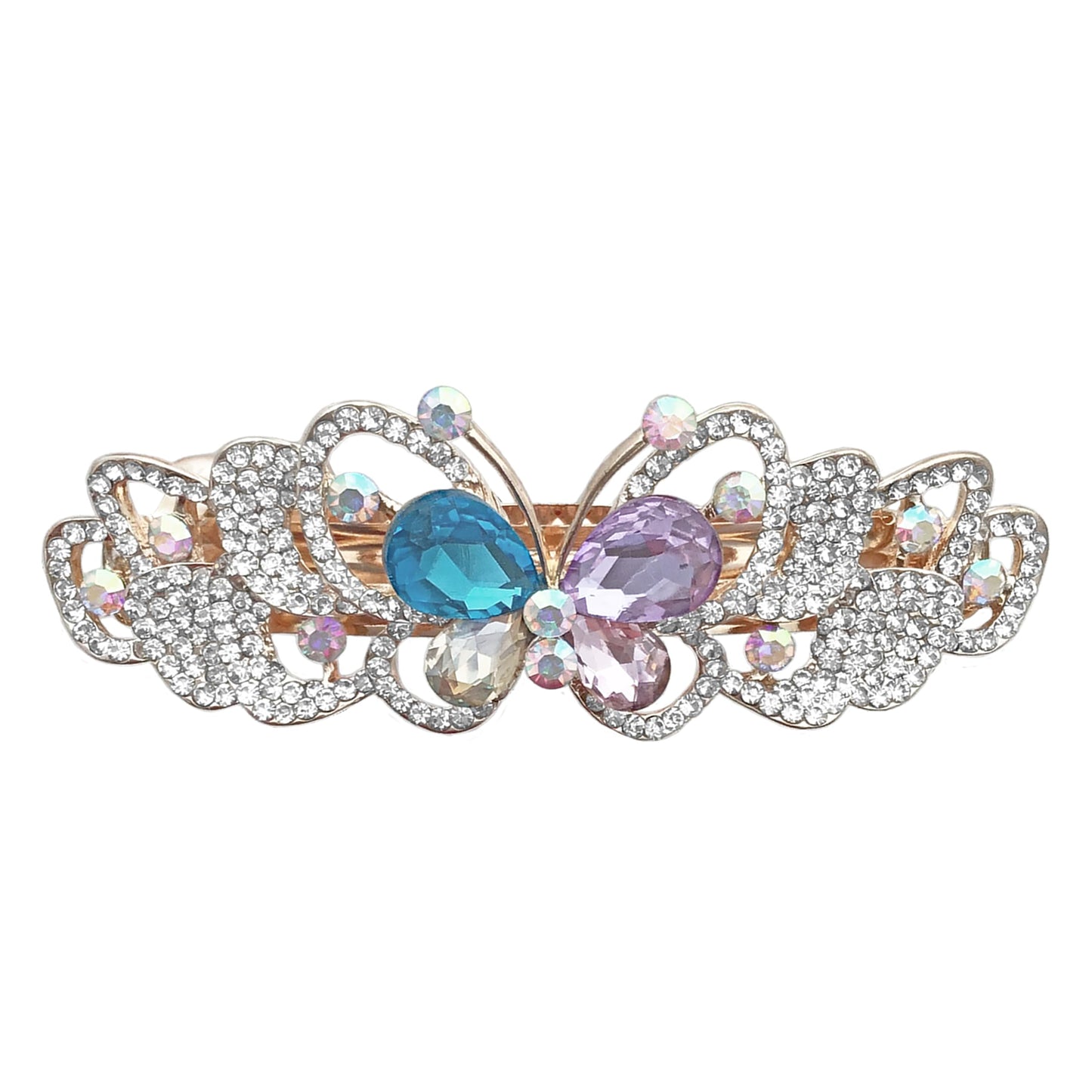 Rhinestone Crystal Barrettes - Set of 2 - Jeweled Butterfly Hair Clips - 1 with Blue Crystals and 1 with Mulit-Colored Crystals - Rose Gold Tone Metal