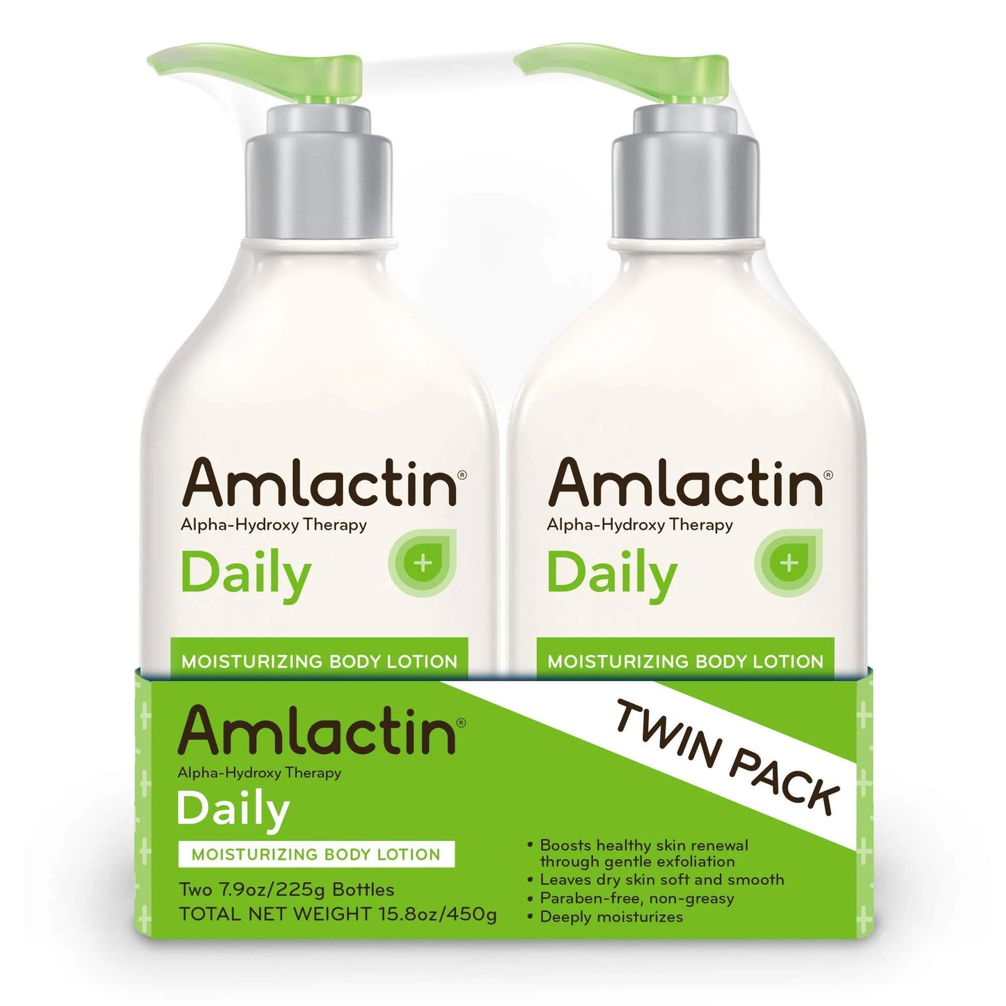 AmLactin Daily Moisturizing Lotion for Dry Skin, 7.9 oz Pump Bottles (Twin Pack), 2-in-1 Moisturizer Body Lotion with 12% Lactic Acid