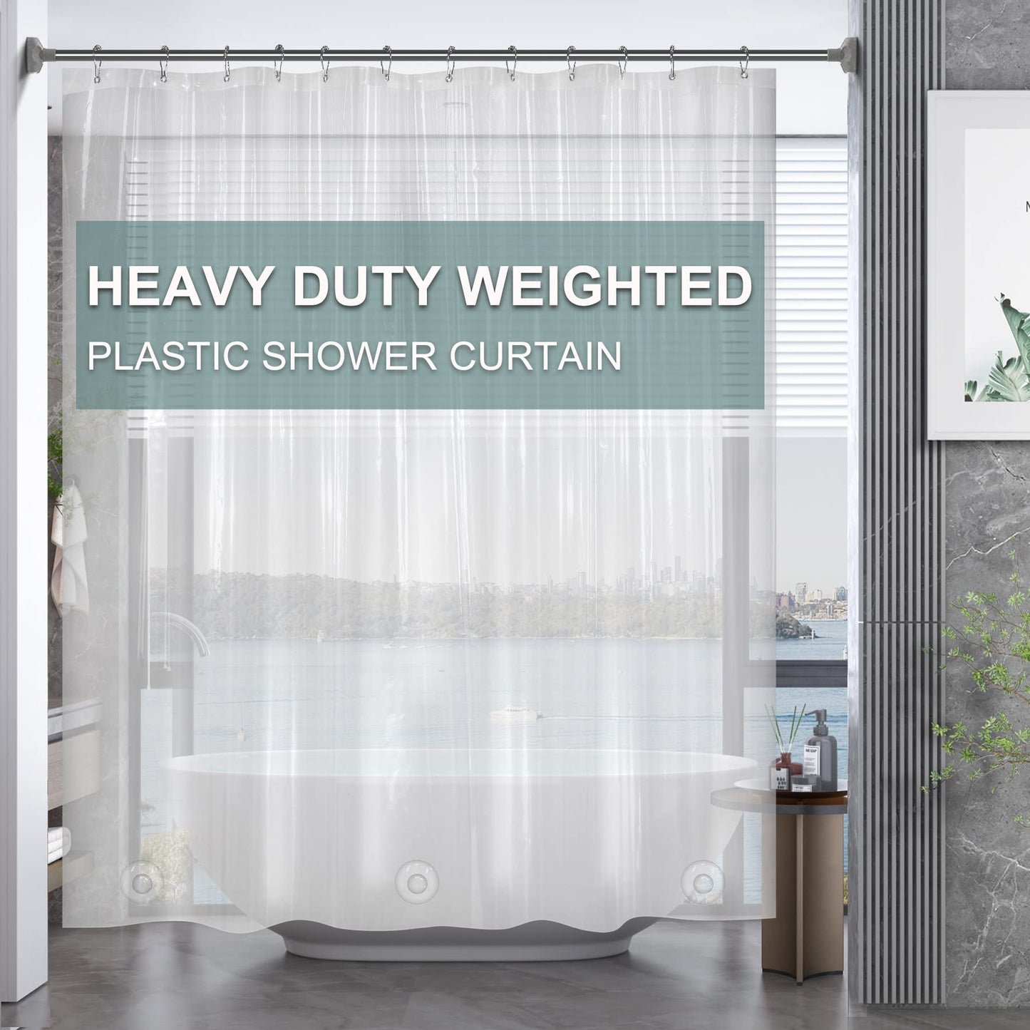 AmazerBath Clear PEVA Shower Curtain – Heavy Duty 8G, Weighted with 3 Stones & 12 Rustproof Grommets – 72x72 Inches