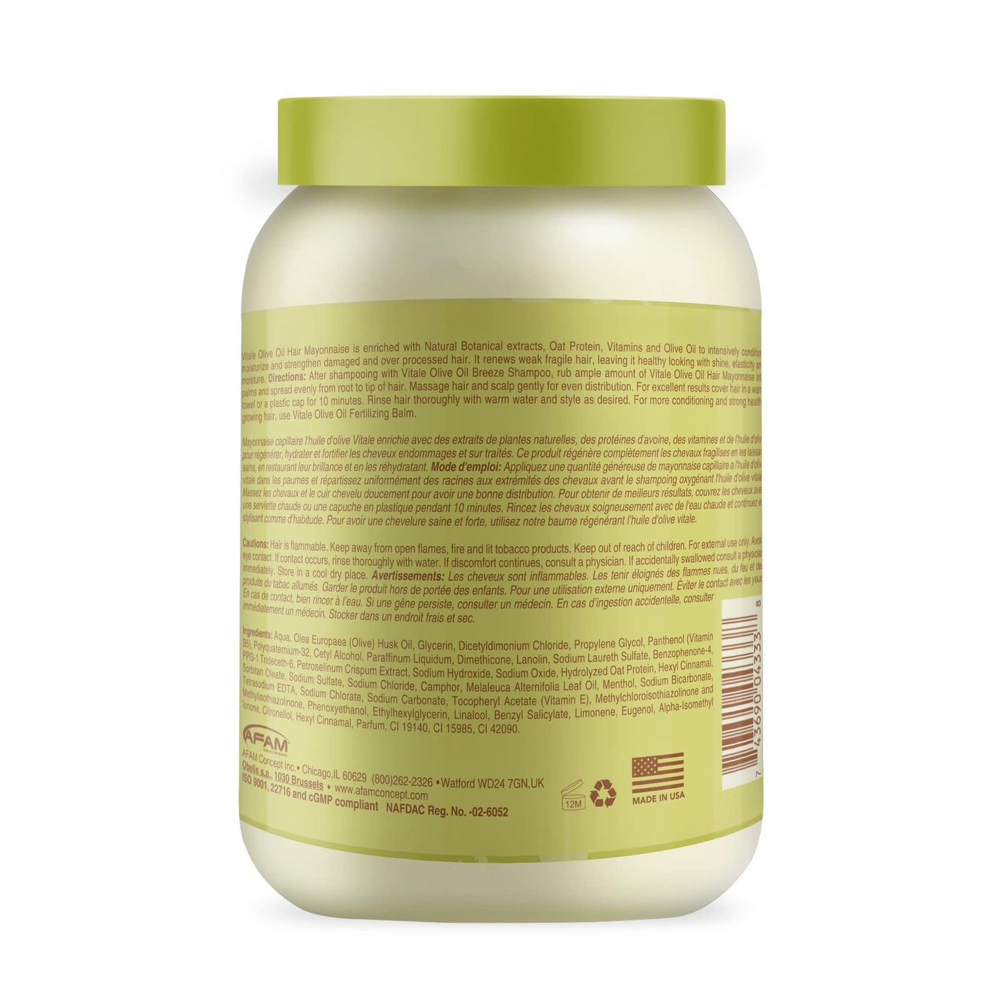Vitale Olive Oil Hair Mayonnaise 30oz with Oat & Egg Protein and Vitamins - Good on Color & Thermal Treated Hair - for Dry & Damaged Scalp Men, Women