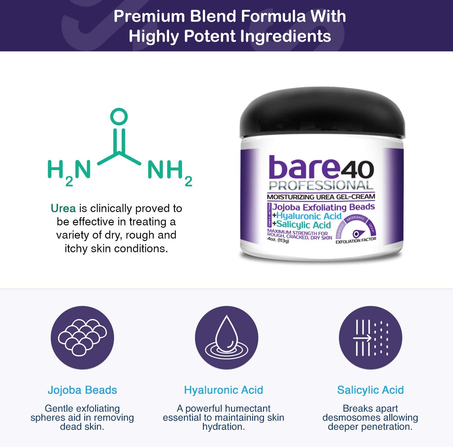 BARE 40 PRO 40% Urea Gel with 2% Salicylic Acid, Hyaluronic Acid, Tea Tree Oil & Aloe Vera - Exfoliating & Hydrating Foot and Body Gel for Dry, Rough
