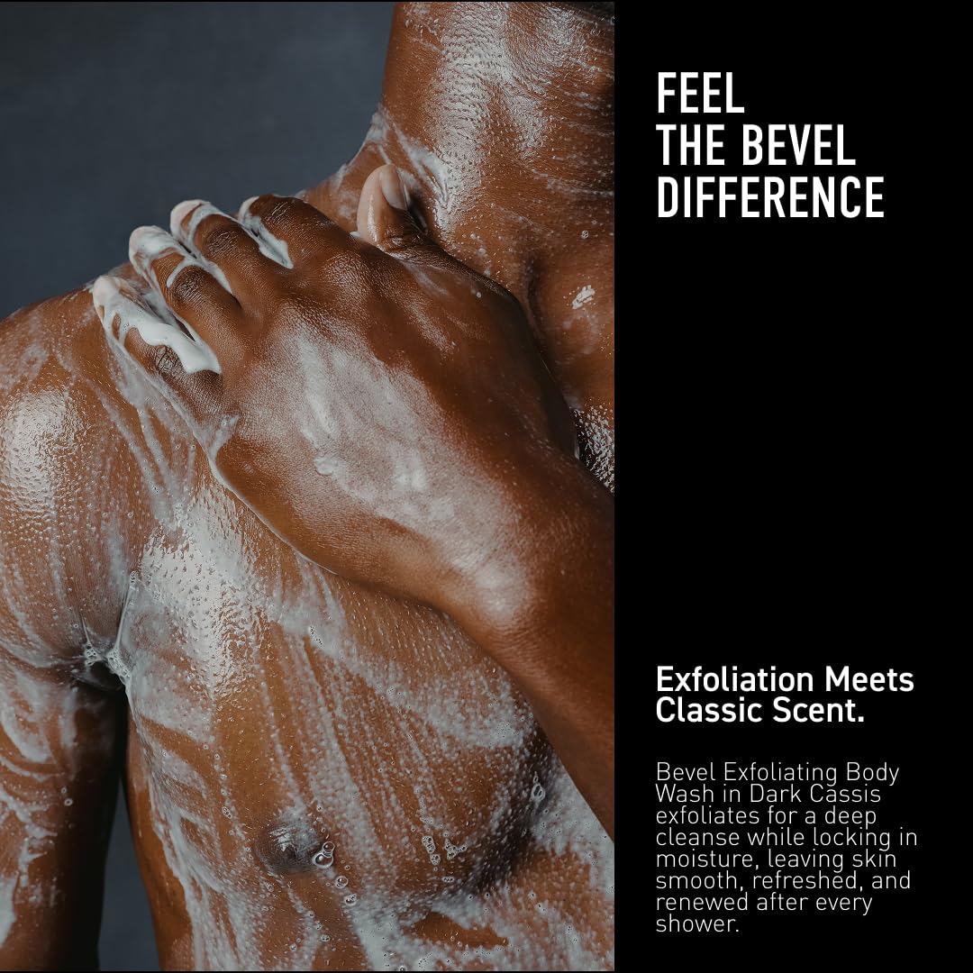 Bevel Exfoliating Body Wash for Men - Dark Cassis Scent with Charcoal and Argan Oil, 16 Oz (Packaging May Vary)